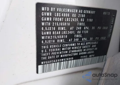 2013 Volkswagen Tiguan S from USA, damaged, VIN WVGAV3AX6DW626945